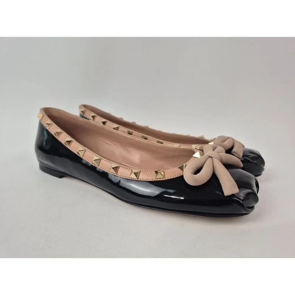 Valentino Garavani Women's Black Rockstud Patent Leather Ballet Flats Size 38